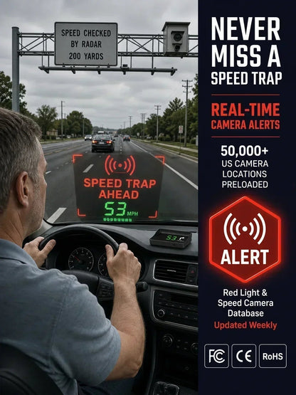 🚗49% OFF NOW! Head-Up Display Car GPS Digital Speedometer – Traffic Light Countdown & Red Light Camera Alert HUD, Universal Driver Safety Warning Device to Avoid Tickets for City Driving