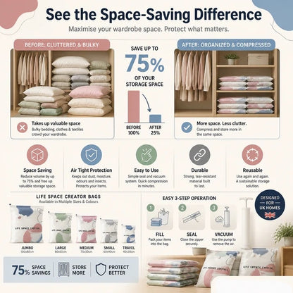💐 BUY 2 GET 1 FREE!🧳No‐Pump Vacuum Storage Compression Bags – Press & Seal, No Pump Needed. Saves 80% Space, Keeps Clothes Dry & Dust‐Free✨