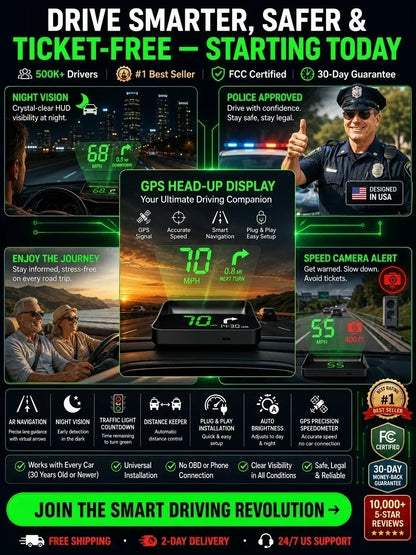 🚗49% OFF NOW! Head-Up Display Car GPS Digital Speedometer – Traffic Light Countdown & Red Light Camera Alert HUD, Universal Driver Safety Warning Device to Avoid Tickets for City Driving