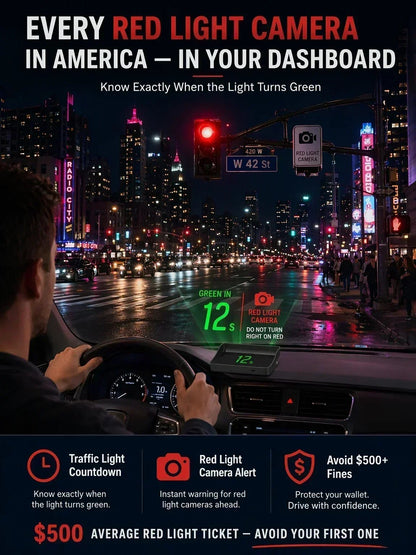 🚗49% OFF NOW! Head-Up Display Car GPS Digital Speedometer – Traffic Light Countdown & Red Light Camera Alert HUD, Universal Driver Safety Warning Device to Avoid Tickets for City Driving