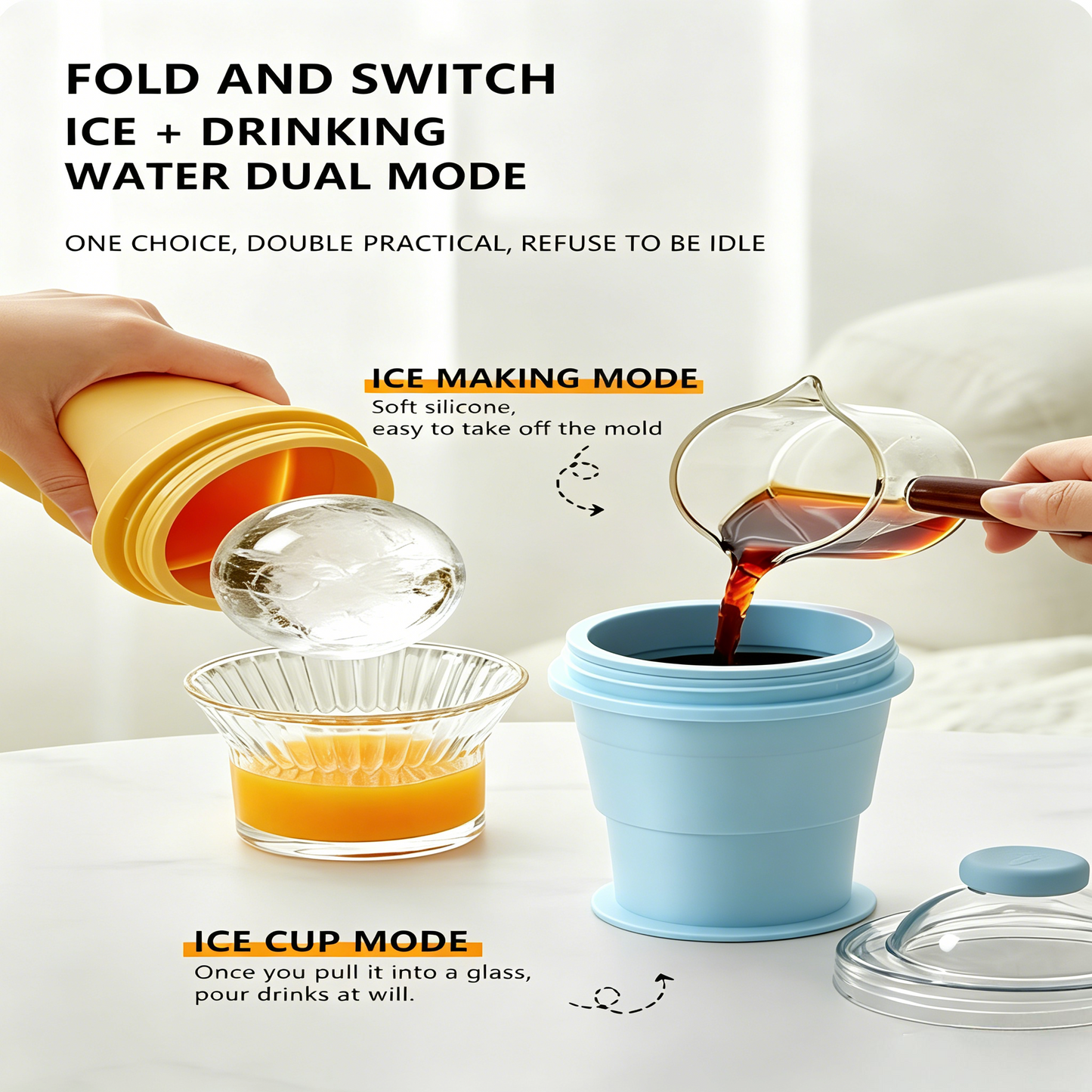 🧊2-in-1 Collapsible Silicone Cup Ice Ball Maker Portable Foldable Whiskey Ice Mold